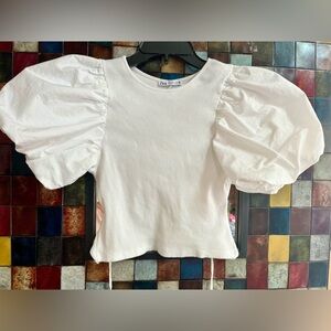 ZARA White Puff Sleeve Rib Knit Backless Top